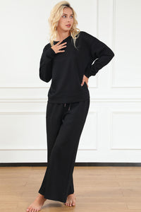 Double Take Full Size Textured Long Sleeve Top and Drawstring Pants Set.