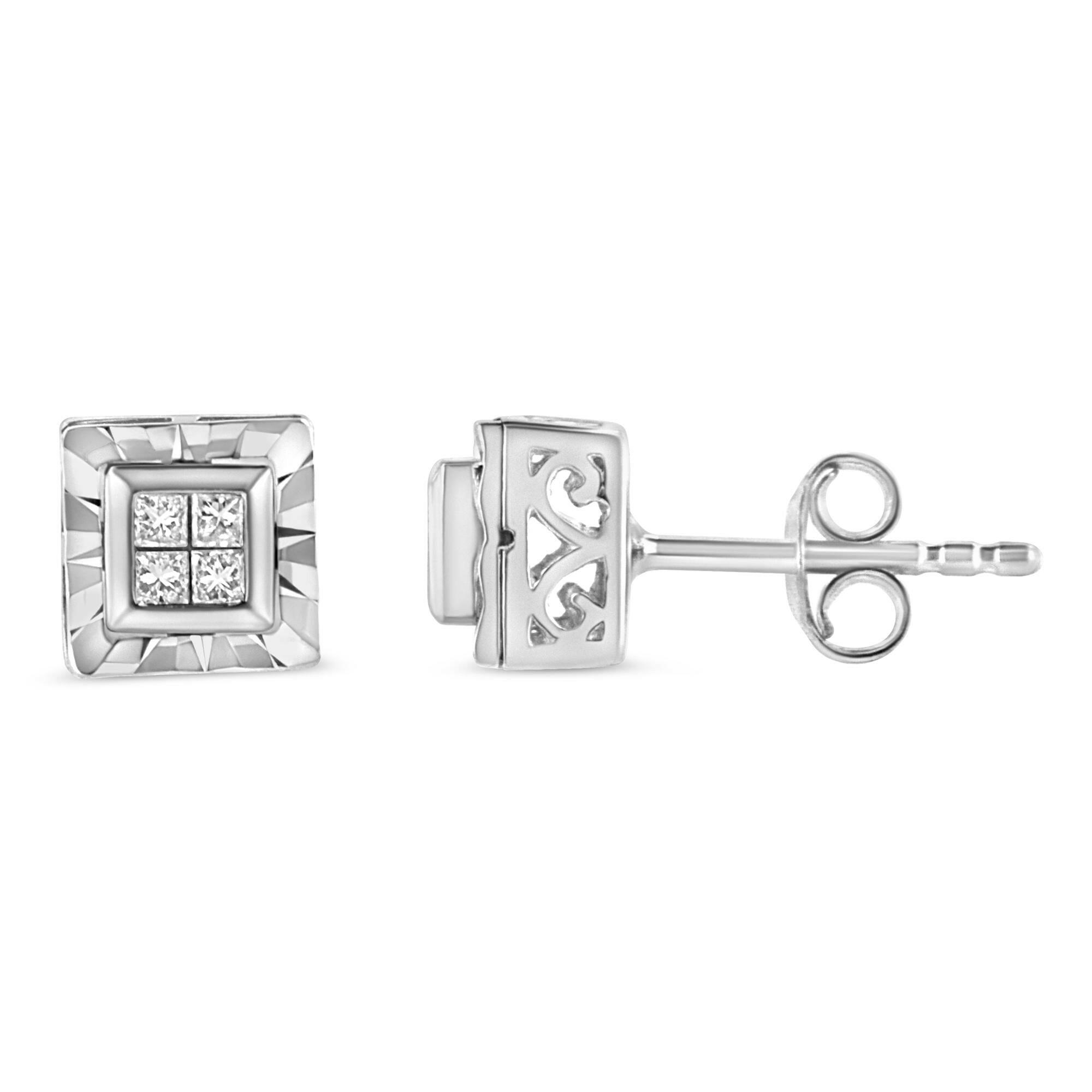 .925 Sterling Silver 1/6 Cttw Invisible Set Princess-Cut Diamond Quad Composite Stud Earrings (H-I Color, I1-I2 Clarity)