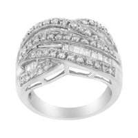 .925 Sterling Silver 1.0 Cttw Channel Set Alternating Round and Baguette Diamond Cross-Over Bypass Ring Band (I-J Color,.