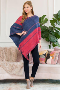 Hdf3007rdbl - Red Blue Two Tone Chain Print Fringe Poncho.