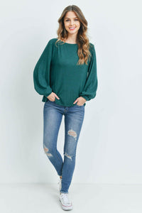 Puff Sleeved Boat Neck Two Toned Brushed Hacci Top