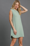 Umgee Round Neck Sleeveless High-Low Curved Hemline Mini Dress.