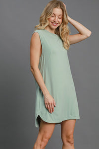 Umgee Round Neck Sleeveless High-Low Curved Hemline Mini Dress.