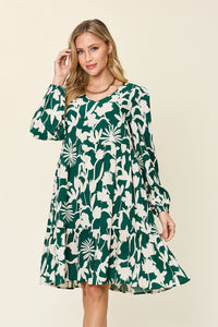 Double Take Full Size Printed Ruffle Hem Dress with Pocket.