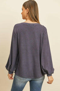 Puff Sleeved Boat Neck Two Toned Brushed Hacci Top.