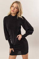 HYFVE Glitter Mock Neck Long Sleeve Mini Dress.