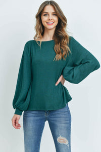 Puff Sleeved Boat Neck Two Toned Brushed Hacci Top