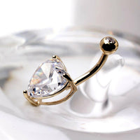 14Kt Yellow Gold Navel Ring With Large Clear Heart Prong Set CZ.