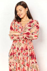 Double Take Floral Frill Trim Flounce Sleeve Plunge Maxi Dress