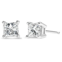 AGS Certified Princess-Cut Square Diamond 4-Prong Solitaire Stud Earrings in 14K Gold (H-I Color, I1-I2 Clarity).