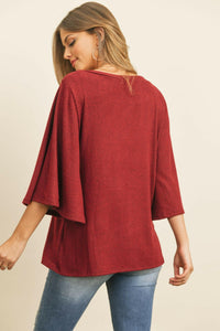 Boat Neck Bell Sleeve Solid Hacci Brushed Top