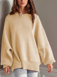 Double Take Side Slit Round Neck Long Sleeve Sweater.