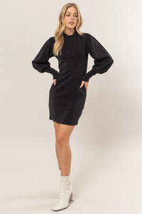 HYFVE Glitter Mock Neck Long Sleeve Mini Dress.