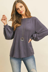 Puff Sleeved Boat Neck Two Toned Brushed Hacci Top.