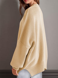 Double Take Side Slit Round Neck Long Sleeve Sweater.