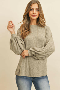 Puff Sleeved Boat Neck Two Toned Brushed Hacci Top.