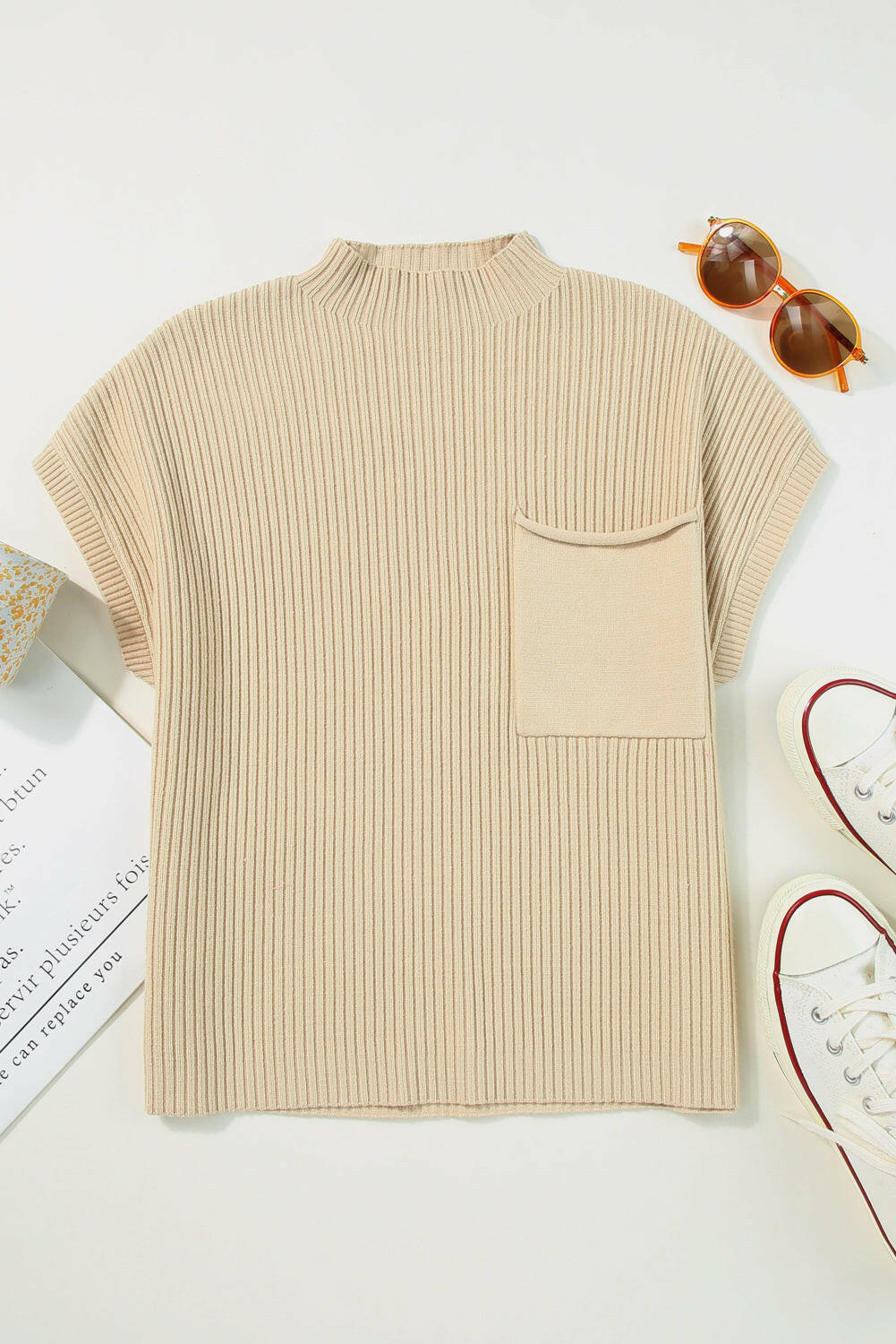 Lindsey Patch Pocket Ribbed Knit Short Sleeve Sweater.