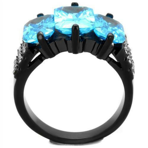 TK1866 IP Black(Ion Plating) Stainless Steel Ring With AAA Grade CZ in Sea Blue.