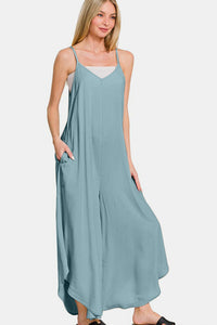 Zenana Spaghetti Strap Wide Leg Overalls with Pockets.