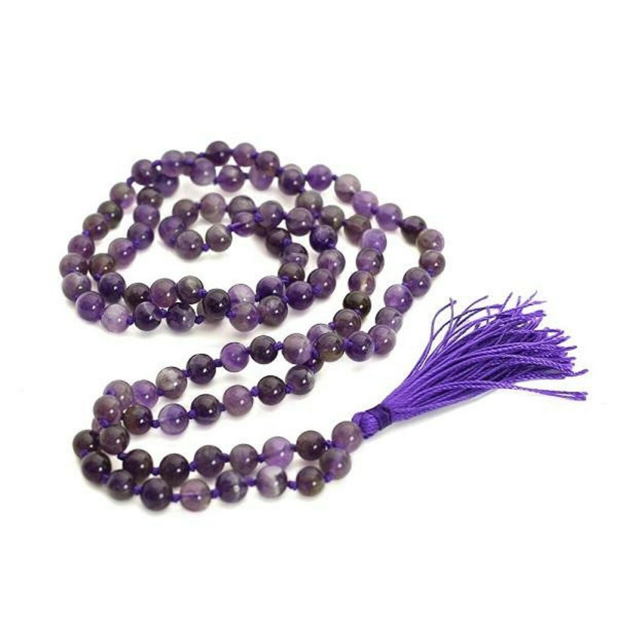 Natural Amethyst Mala Prayer 108 Beads Japa Mala Tassel Necklace.