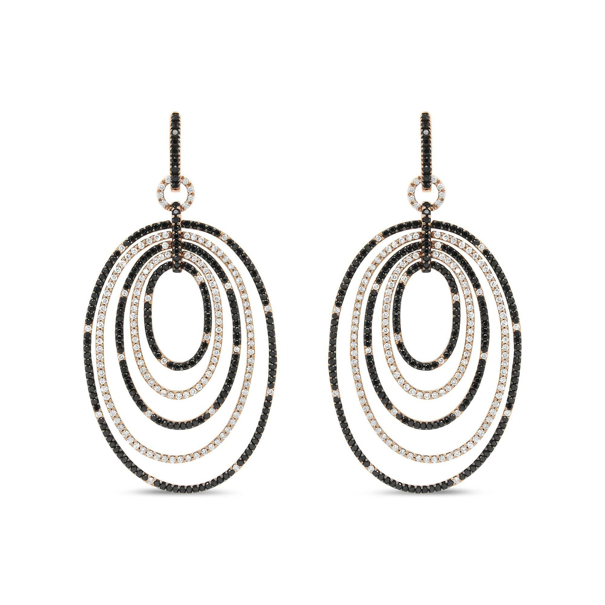 18K Rose Gold 5.00 Cttw Round Black and White Diamond Graduated Hoop Dangle Earrings (Black and F-G Color, VS1-VS2 Clari.