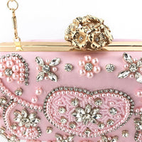 Satin Vintage Women Evening Bags Metal Flower Luxury Diamonds Clutch.