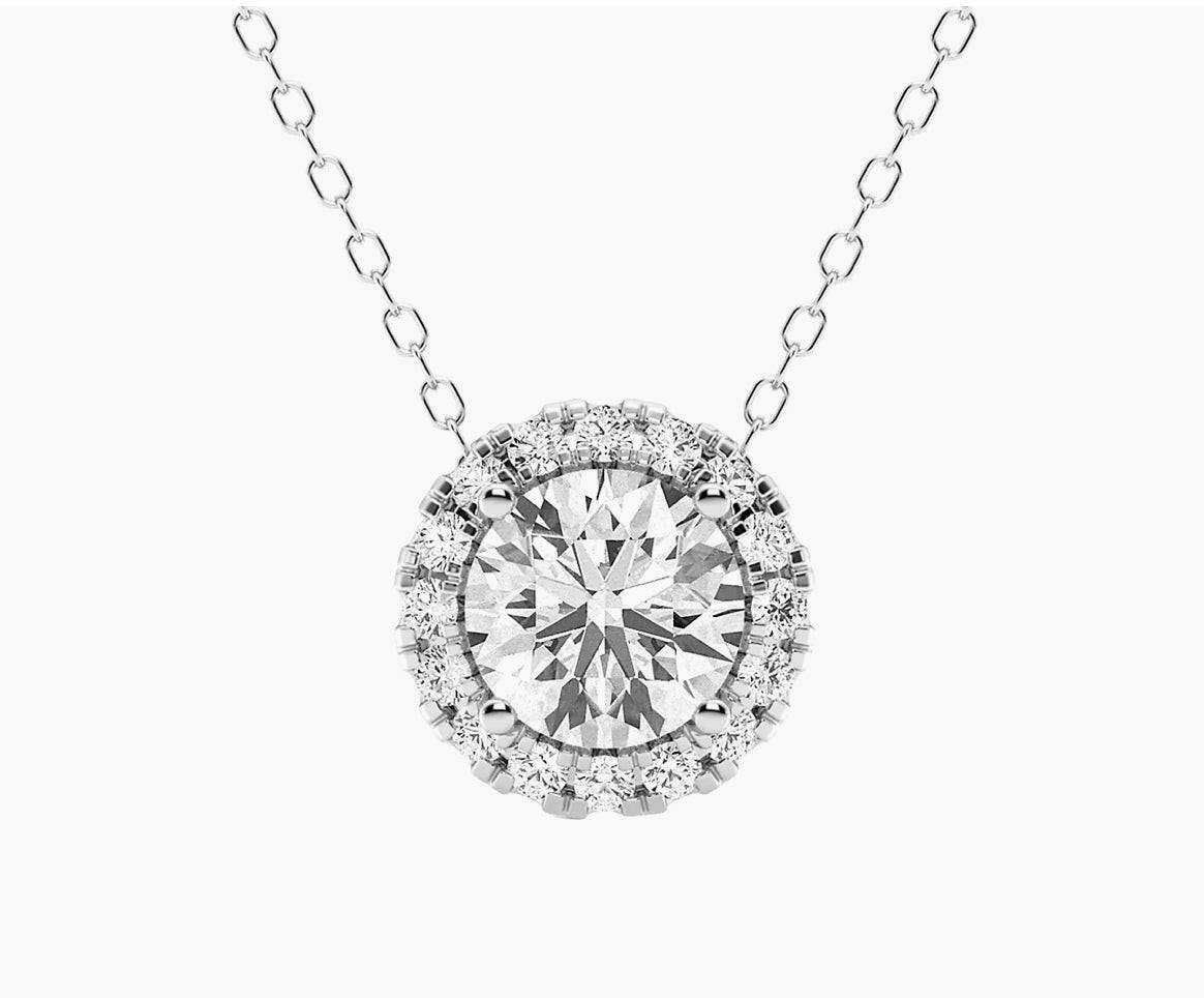 Exquisite AGI Certified Lab-Grown Diamond (G/Vs) Halo Pendant Necklace in 14kt White Gold - Choose 1 CTW or 2 CTW