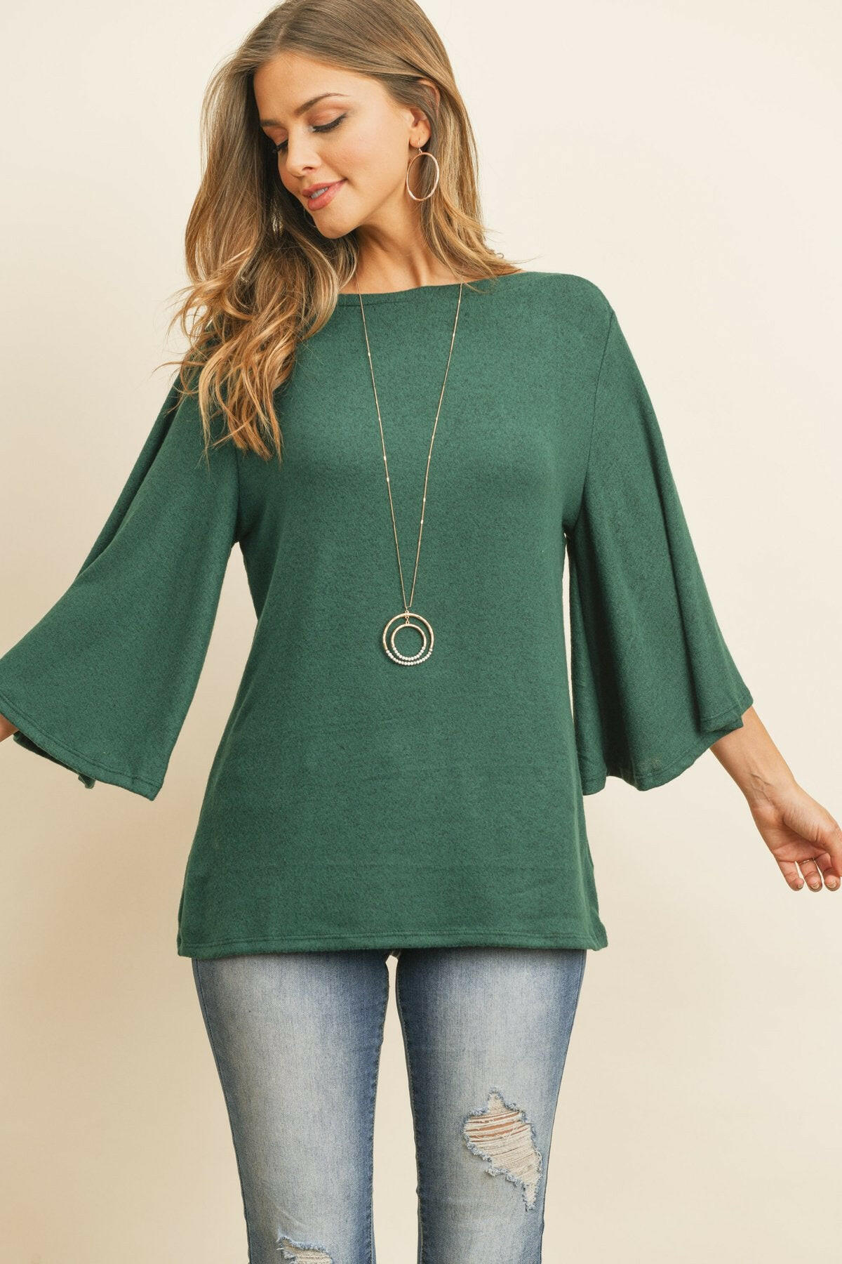 Boat Neck Bell Sleeve Solid Hacci Brushed Top.