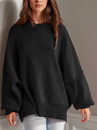 Double Take Side Slit Round Neck Long Sleeve Sweater.