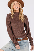 SAGE + FIG Glitter Mock Neck Lettuce Hem Long Sleeve Top.