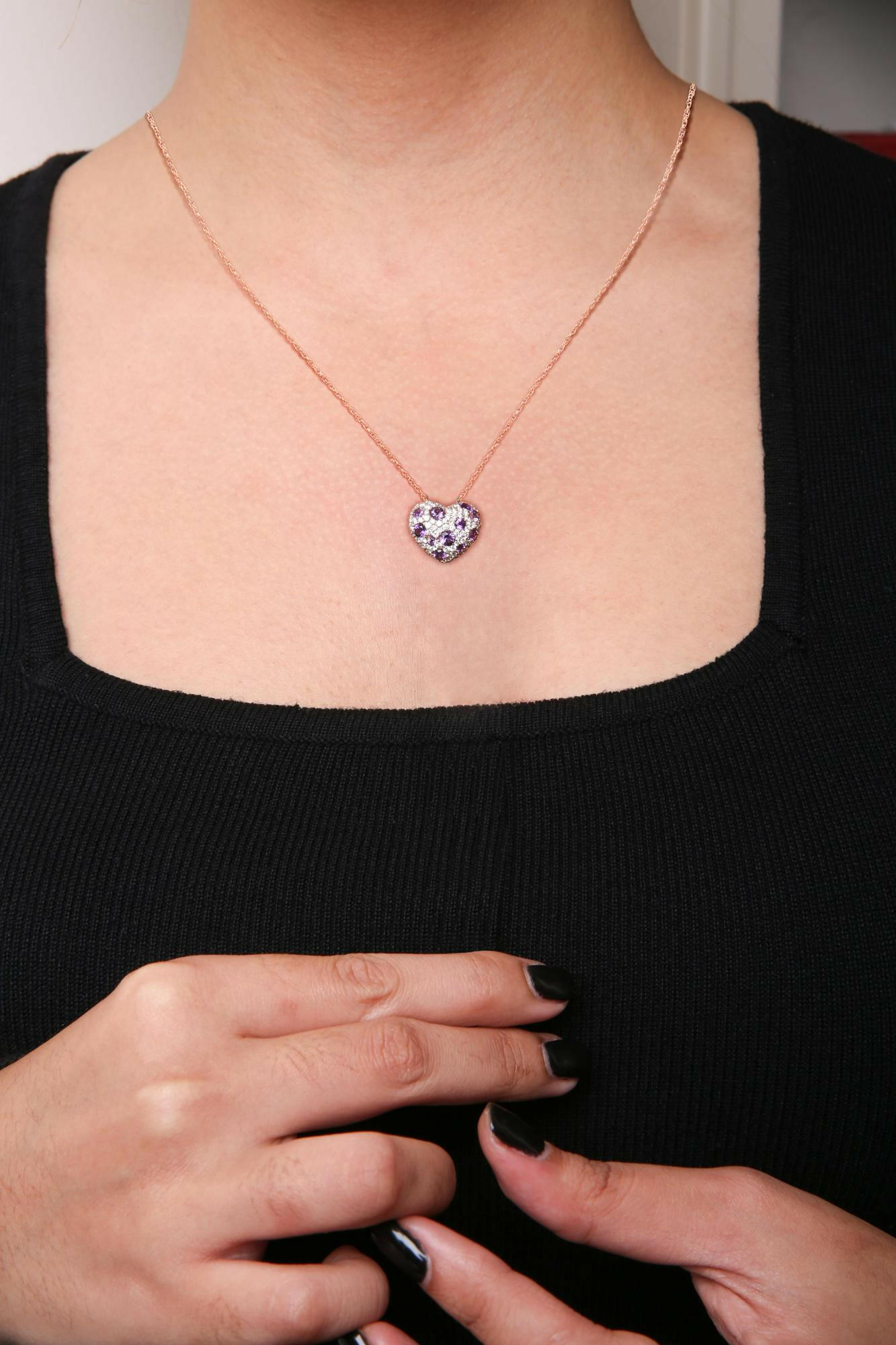 18K Rose Gold 3/4 Cttw Diamond and Purple Amethyst Cluster Heart Shape 18" Pendant Necklace (G-H Color, SI1-SI2 Clarity).