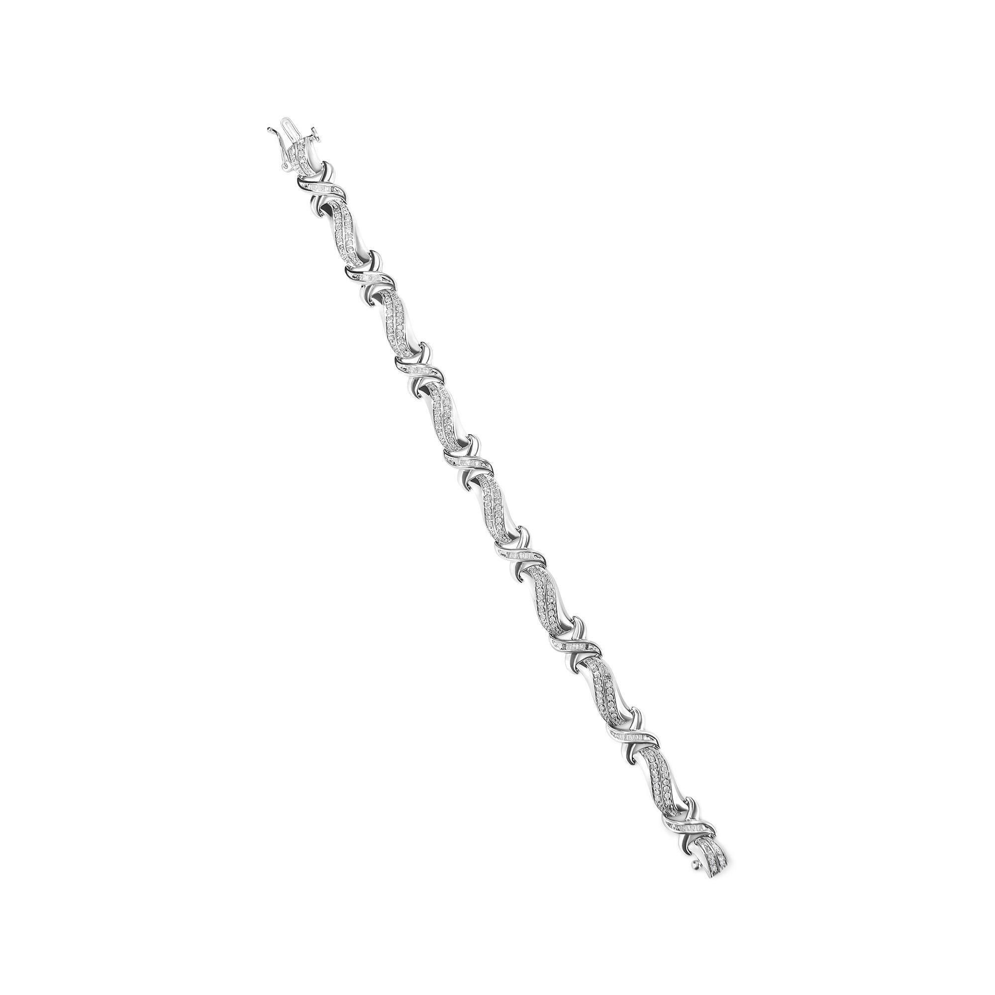 .925 Sterling Silver 1 3/4 Cttw Diamond Wave and X Link Tennis Bracelet (I-J Color, I3 Clarity) - 7".