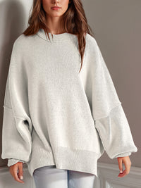 Double Take Side Slit Round Neck Long Sleeve Sweater.