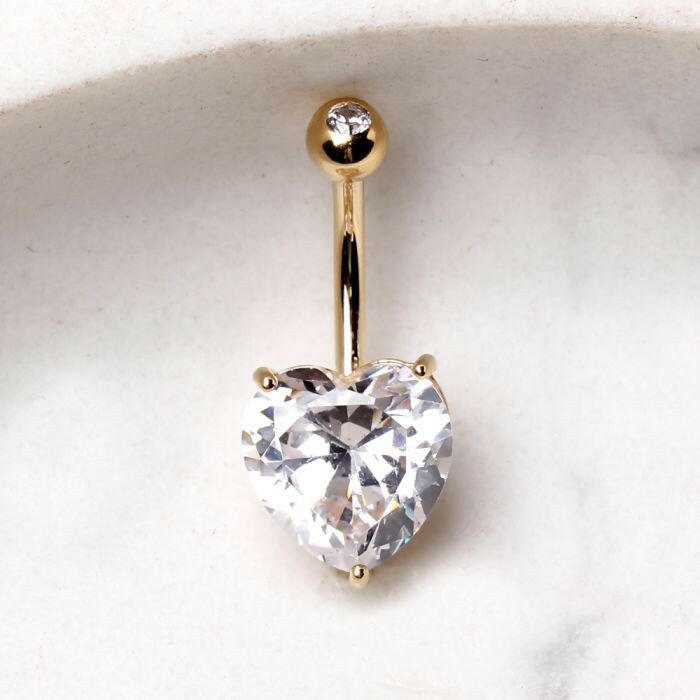 14Kt Yellow Gold Navel Ring With Large Clear Heart Prong Set CZ