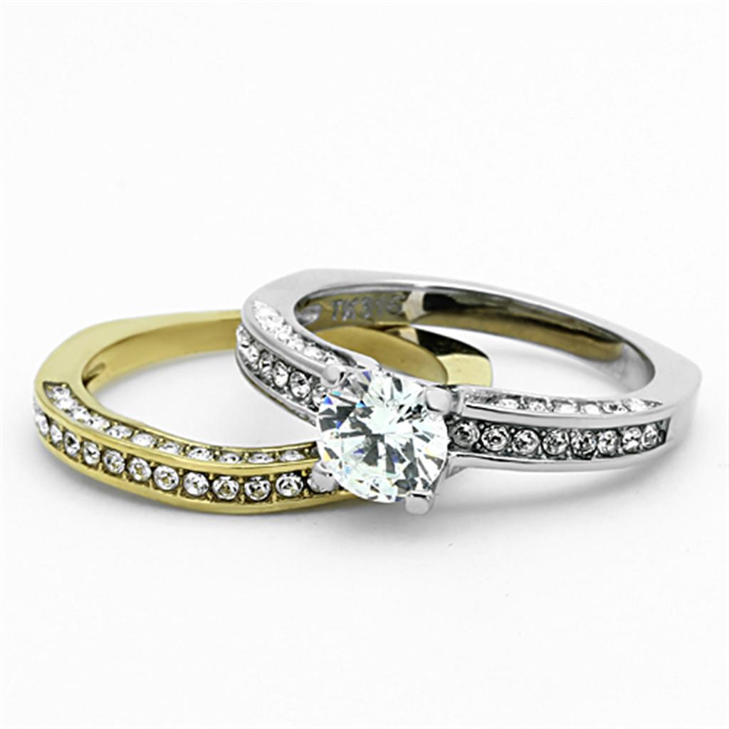 Two-Tone IP Gold (Ion Plating) Stainless Steel Ring With AAA Grade CZ in Clear