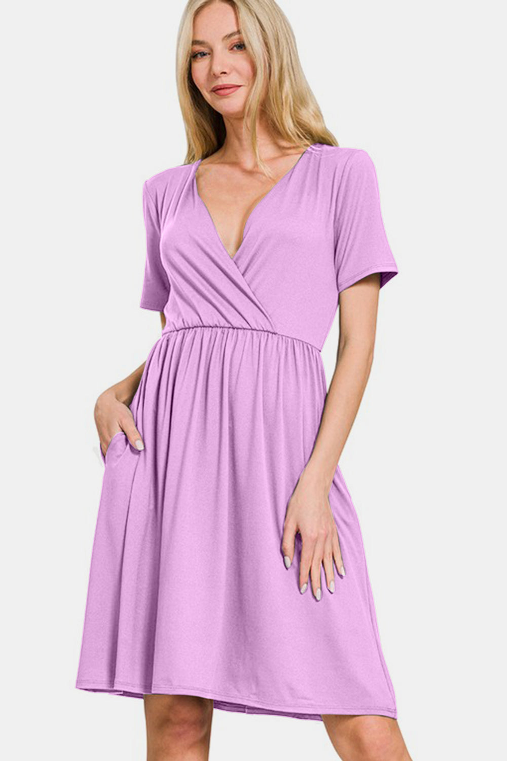 Zenana Surplice Short Sleeve Brushed DTY Dress.