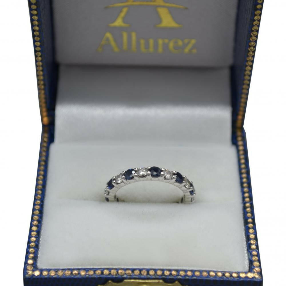 Eternity Diamond and Blue Sapphire Ring Band 14k White Gold (2.35ct).