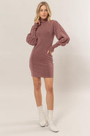 HYFVE Glitter Mock Neck Long Sleeve Mini Dress.