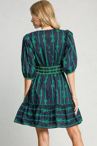 Umgee Ribbon Print Frill Contrast Velvet Trim Half Sleeve Dress.