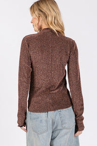 SAGE + FIG Glitter Mock Neck Lettuce Hem Long Sleeve Top.