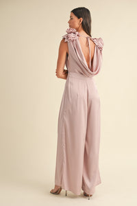 MABLE 3D Floral Applique Deep Cowl Neck Jumpsuit.