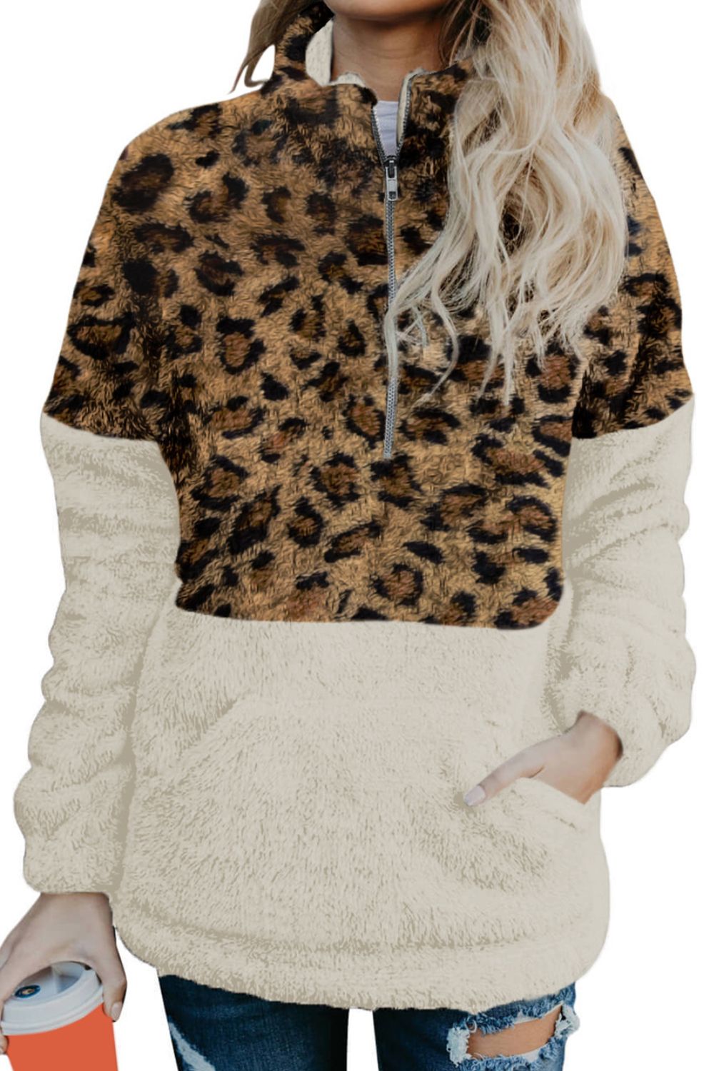 Color Block Half Zip Long Sleeve Fuzzy Sweatshirt.