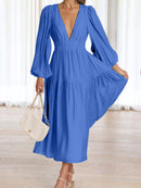 Deep V-Neck Balloon Sleeve Plain Maxi Dress