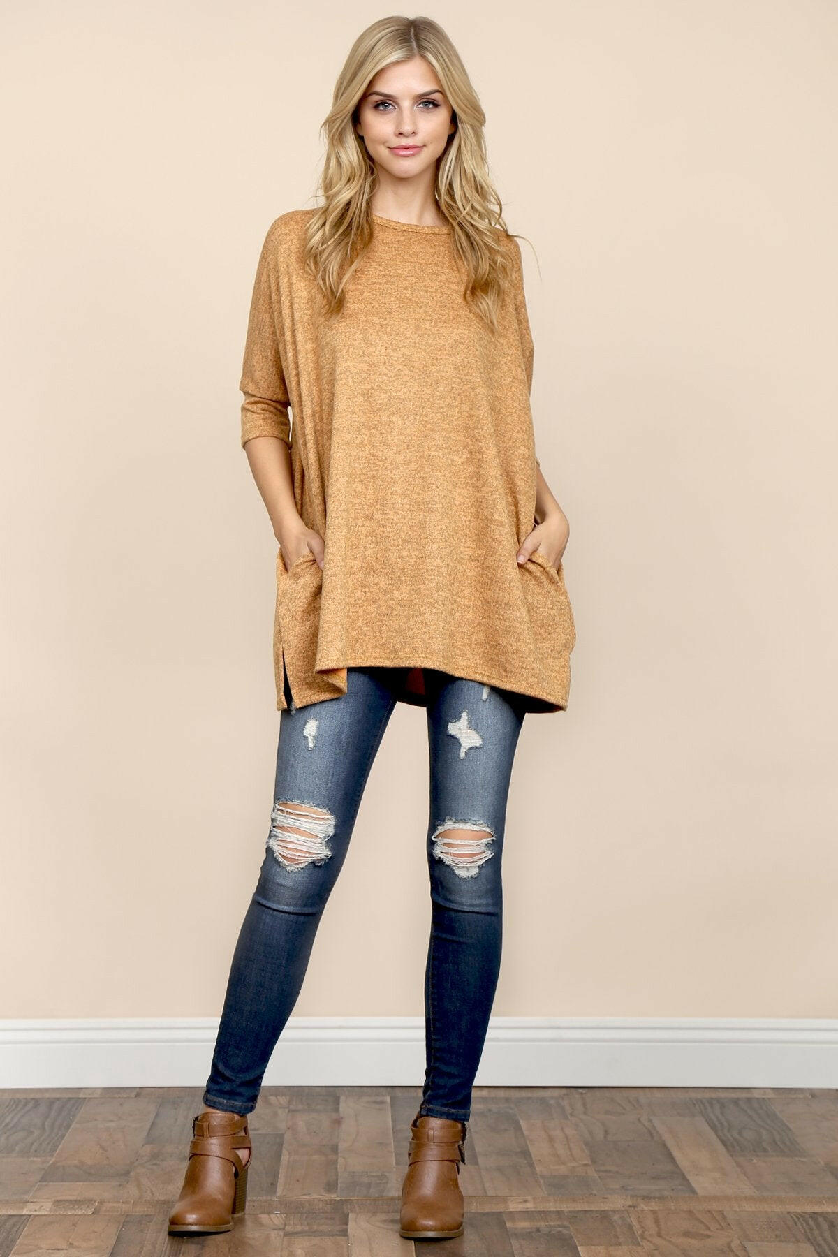 Two Tone Hacci Oversized Dropped Shoulder Pocket Tunic