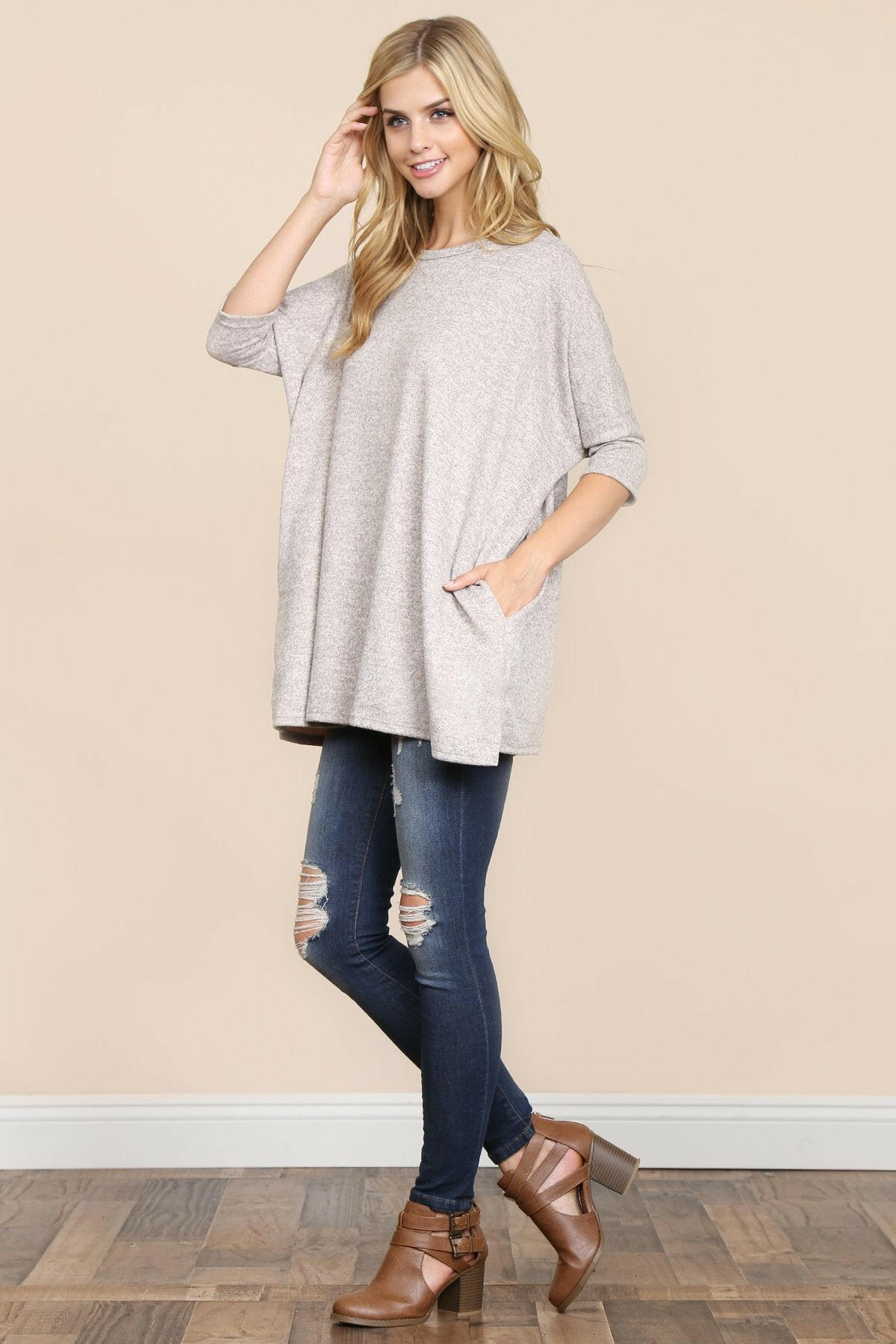 Two Tone Hacci Oversized Dropped Shoulder Pocket Tunic.