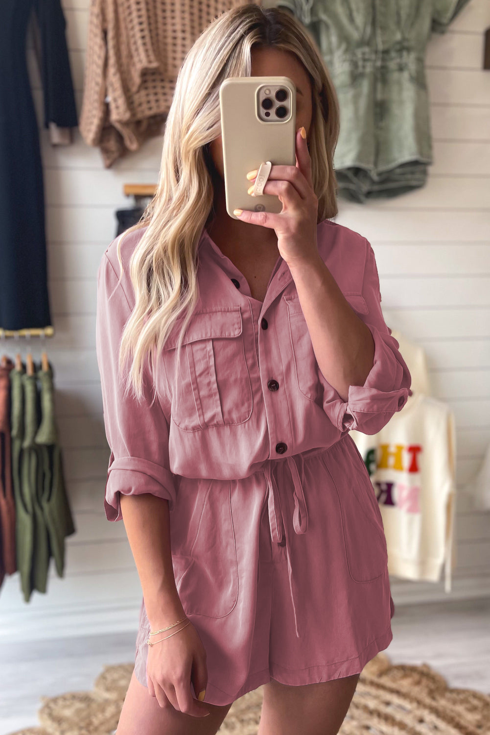 Reese Roll Up Sleeve Flap Pockets Drawstring Romper.