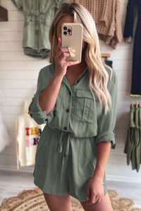 Reese Roll Up Sleeve Flap Pockets Drawstring Romper.