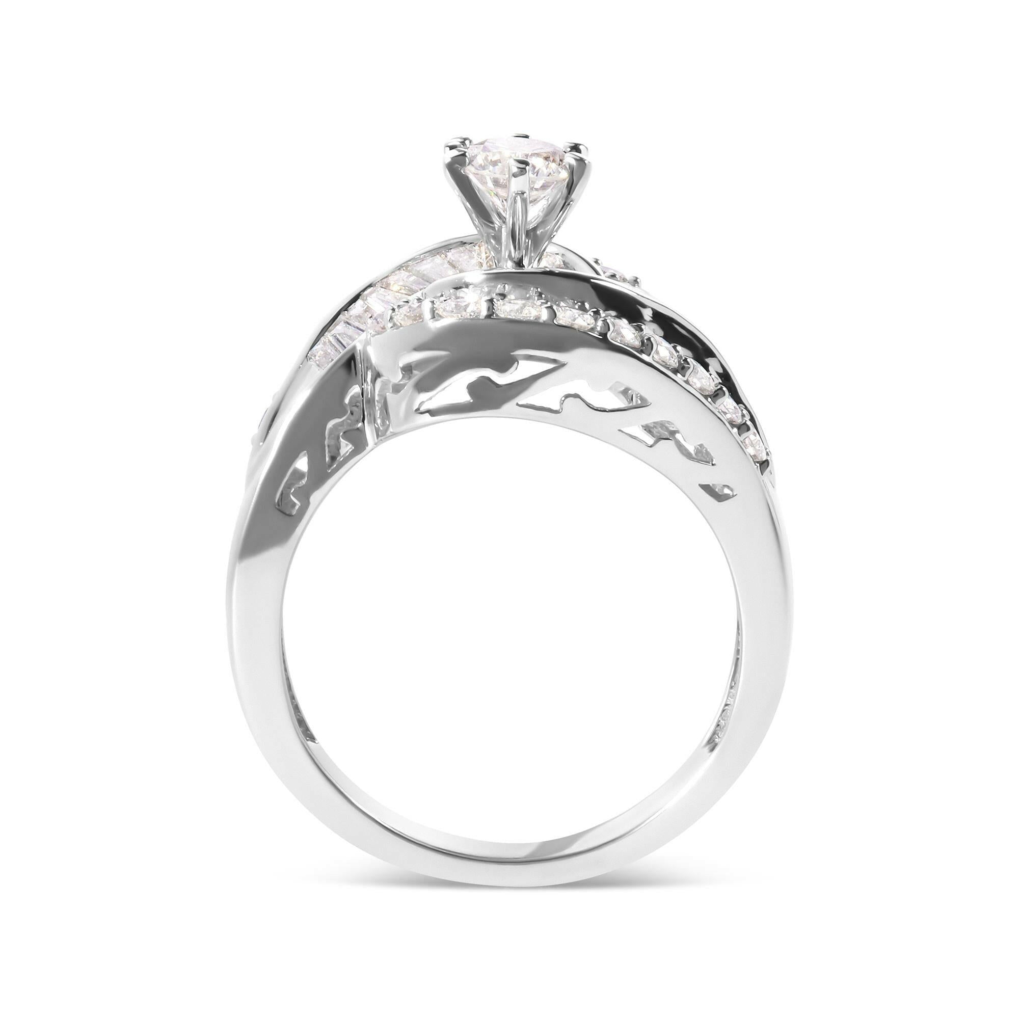 14K White Gold 1.00 Cttw Round and Baguette Cut Diamond Swirl Cocktail Ring (H-I Color, SI2-I1 Clarity)