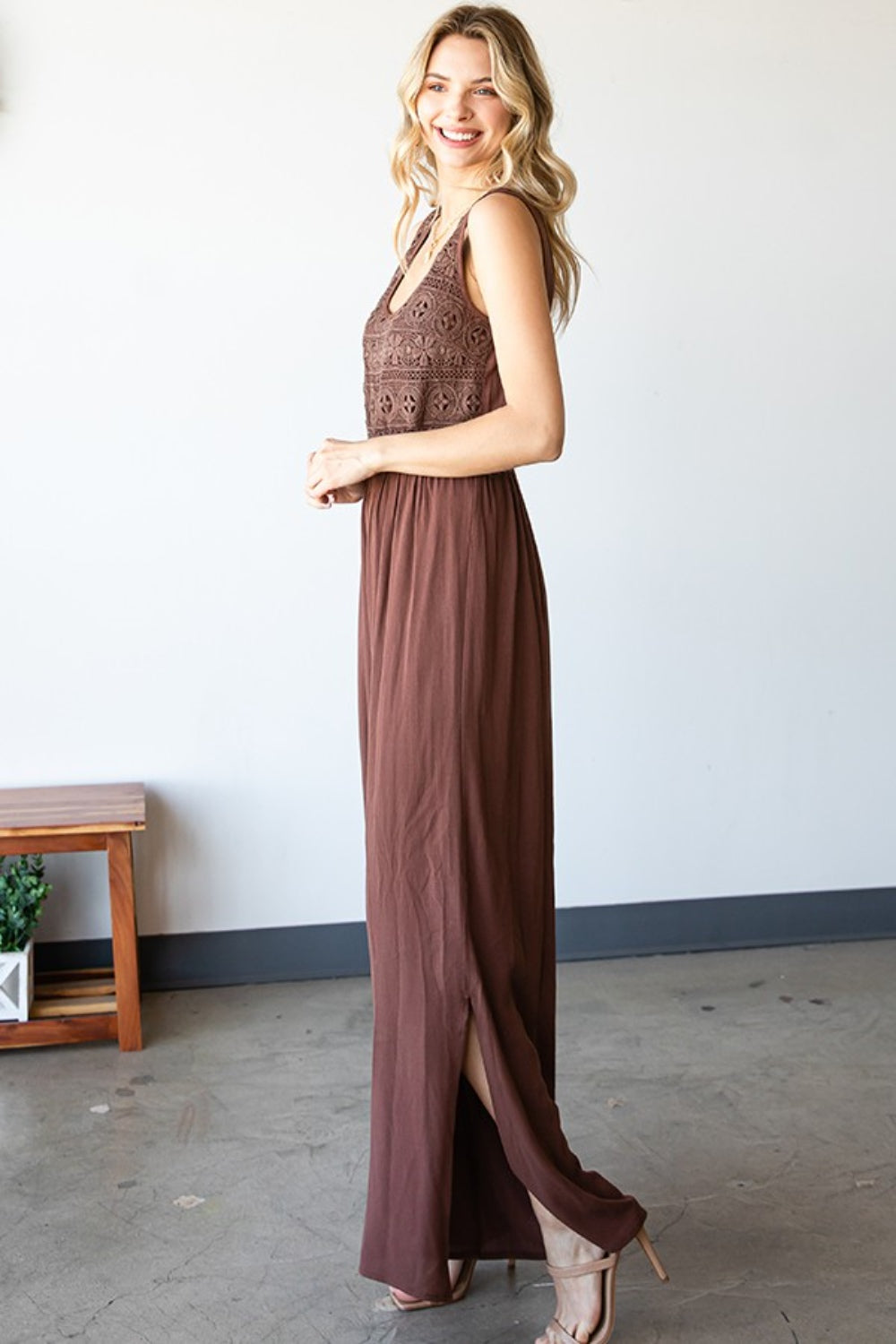 First Love Tie Back Sleeveless Slit Wide Leg Jumpsuit.