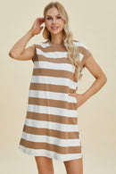 Basic Bae Full Size Striped Round Neck Cap Sleeve Mini Dress.